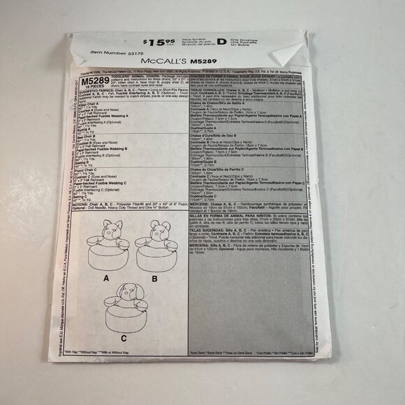 McCalls Crafts Pattern M5289 Toddlers Animal Chairs Kitten Bear Puppy 2006 UNCUT - Picture 6 of 9